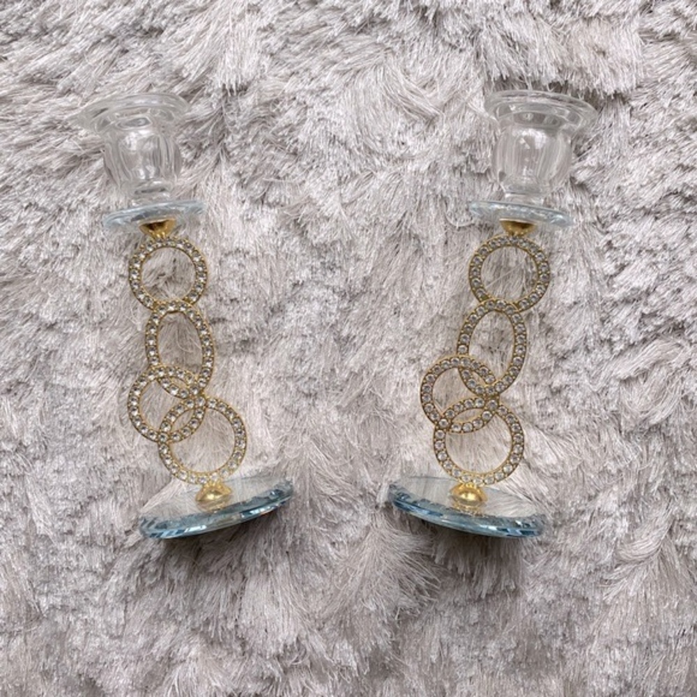 Set Of Two Gold Metal & Crystal Tapered Candle Holders - Picture 7 of 9